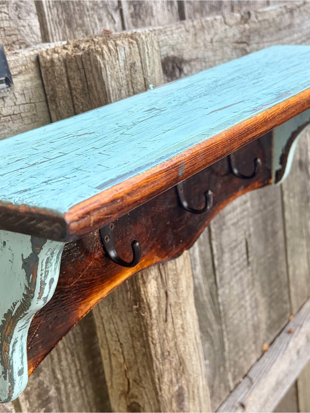Handcrafted Rustic Reclaimed Heartwood Pine Wall Shelf with Hooks Distressed